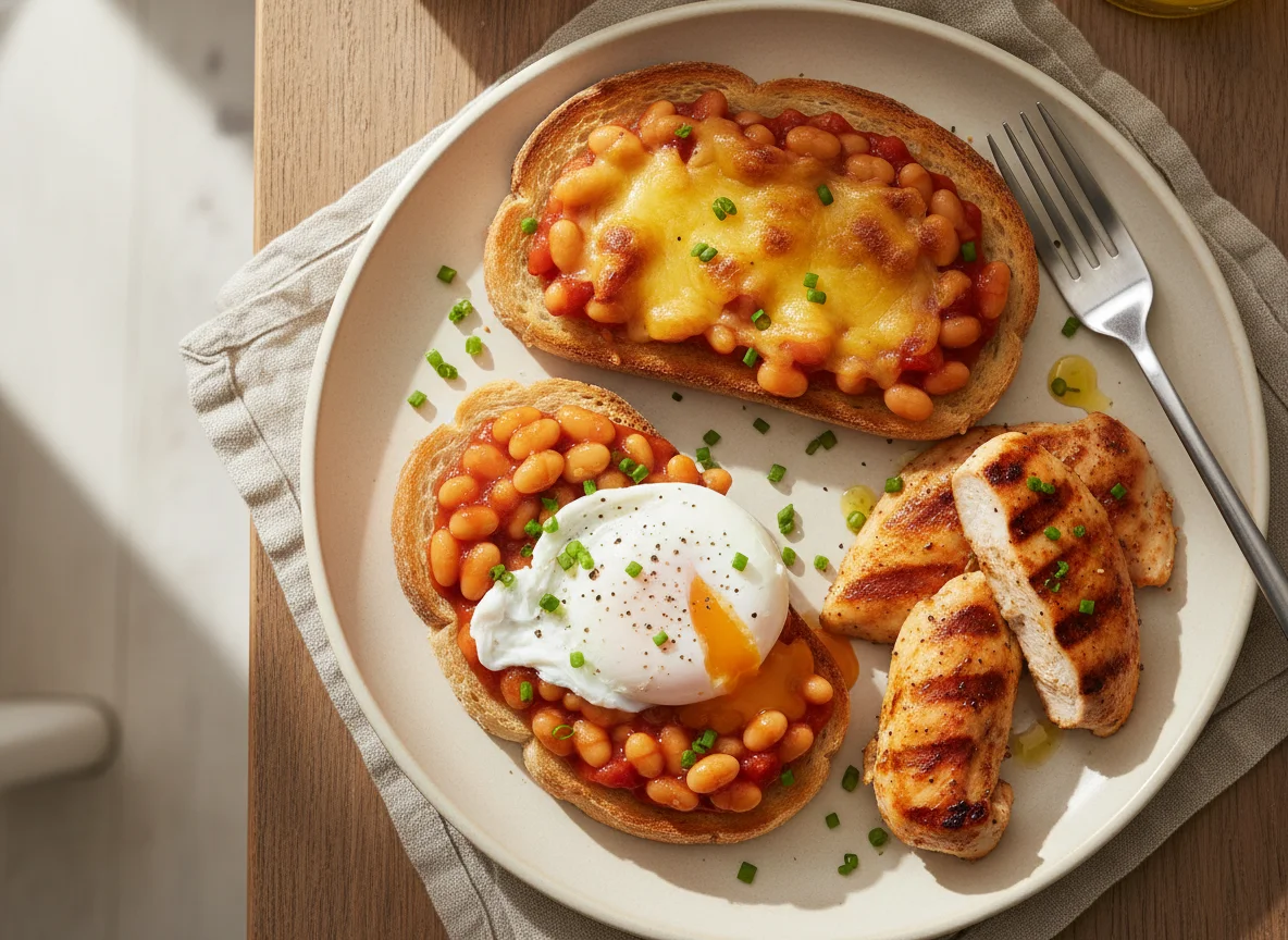 Breakfast plate with poached egg, beans on toast, and chicken photo