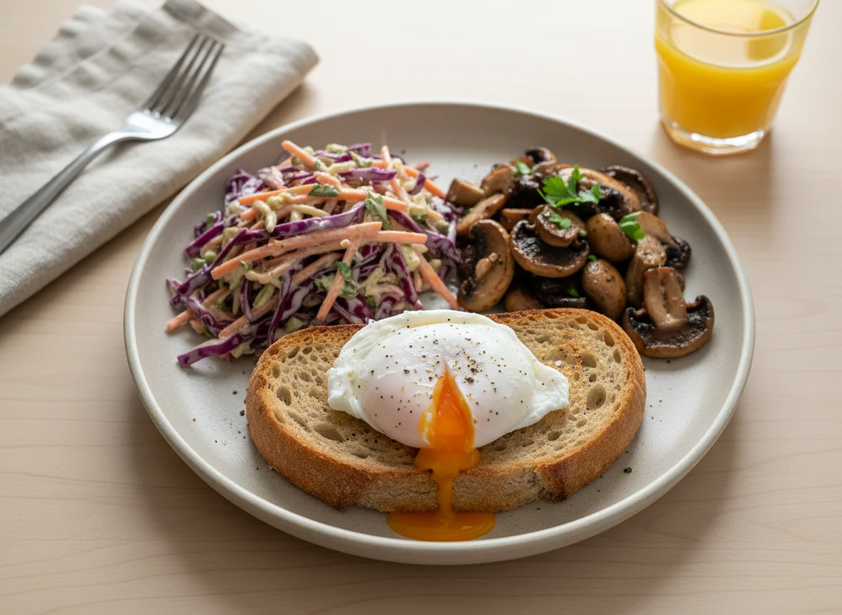 Breakfast plate with poached egg, mushrooms and coleslaw photo