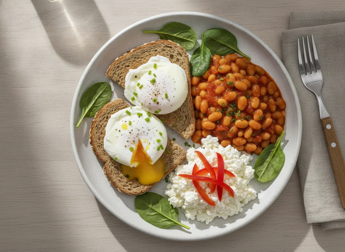 Breakfast plate with poached eggs, beans, and cottage cheese photo