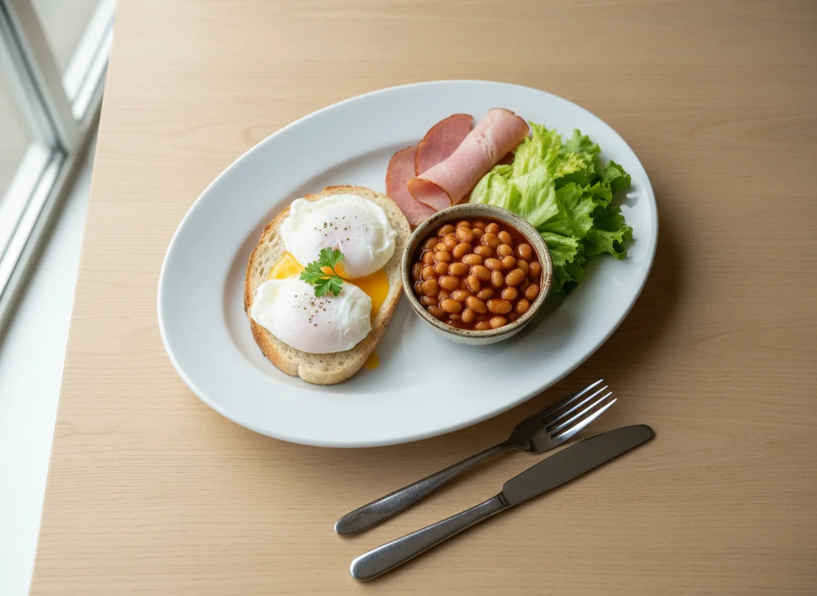 Breakfast plate with poached eggs, beans, ham, and lettuce photo