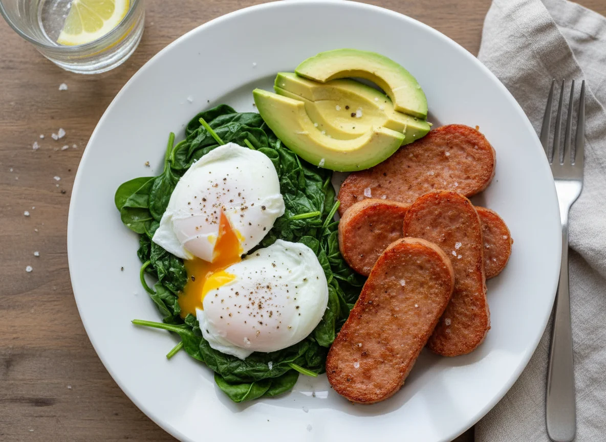 Breakfast Plate with Poached Eggs, Spinach, Avocado, and Fried Luncheon Meat photo