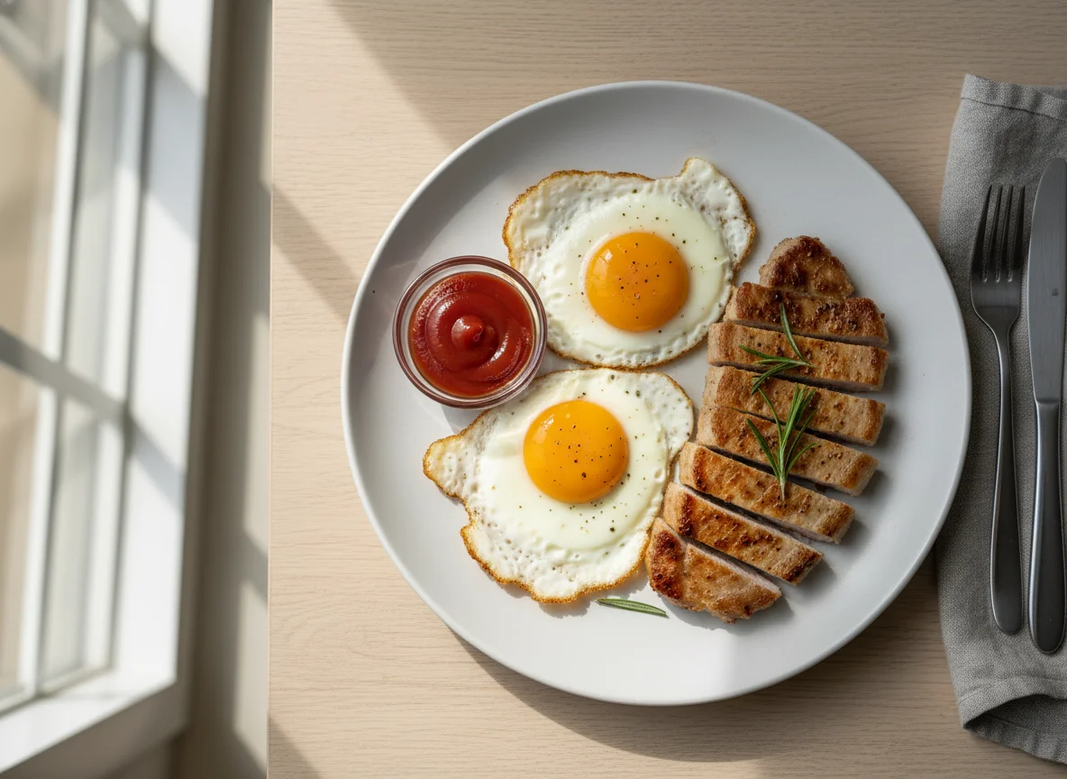 Breakfast Plate with Pork Loin and Fried Eggs photo