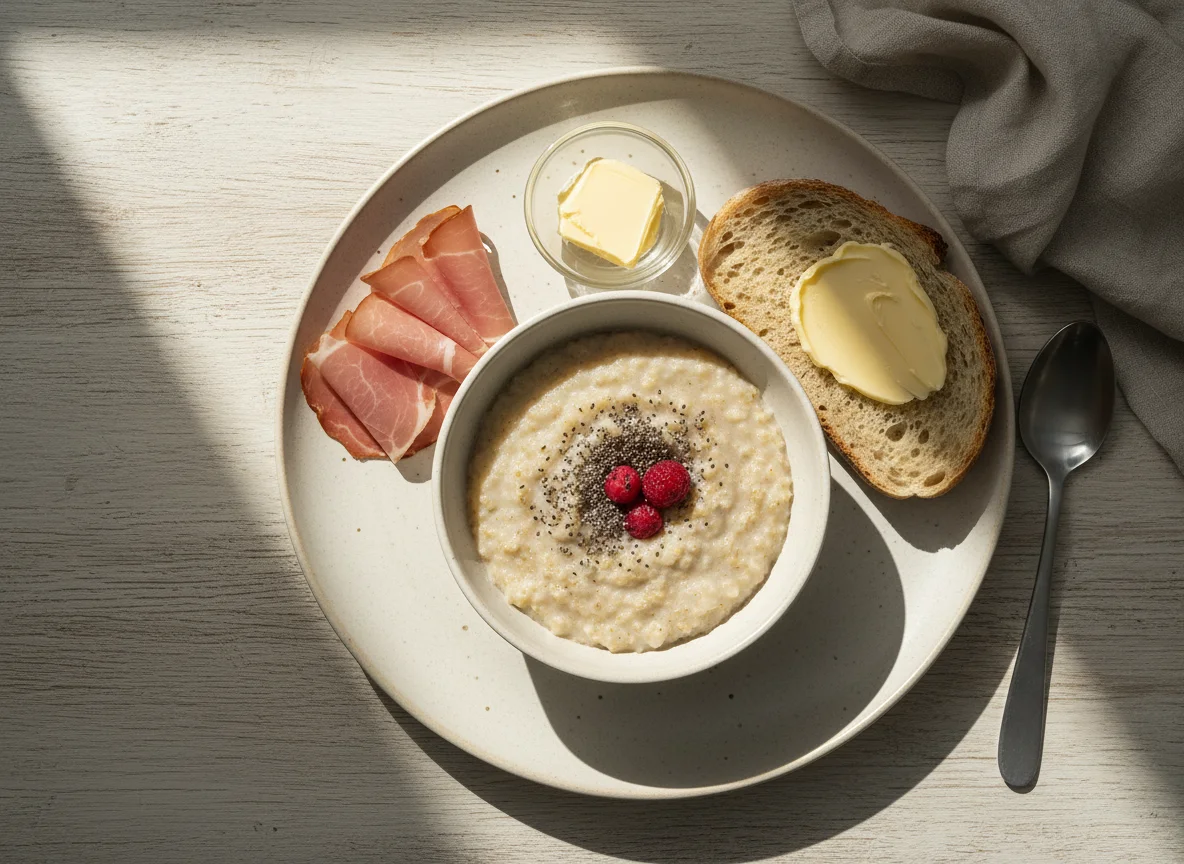 Breakfast plate with porridge, ham, bread, and butter photo
