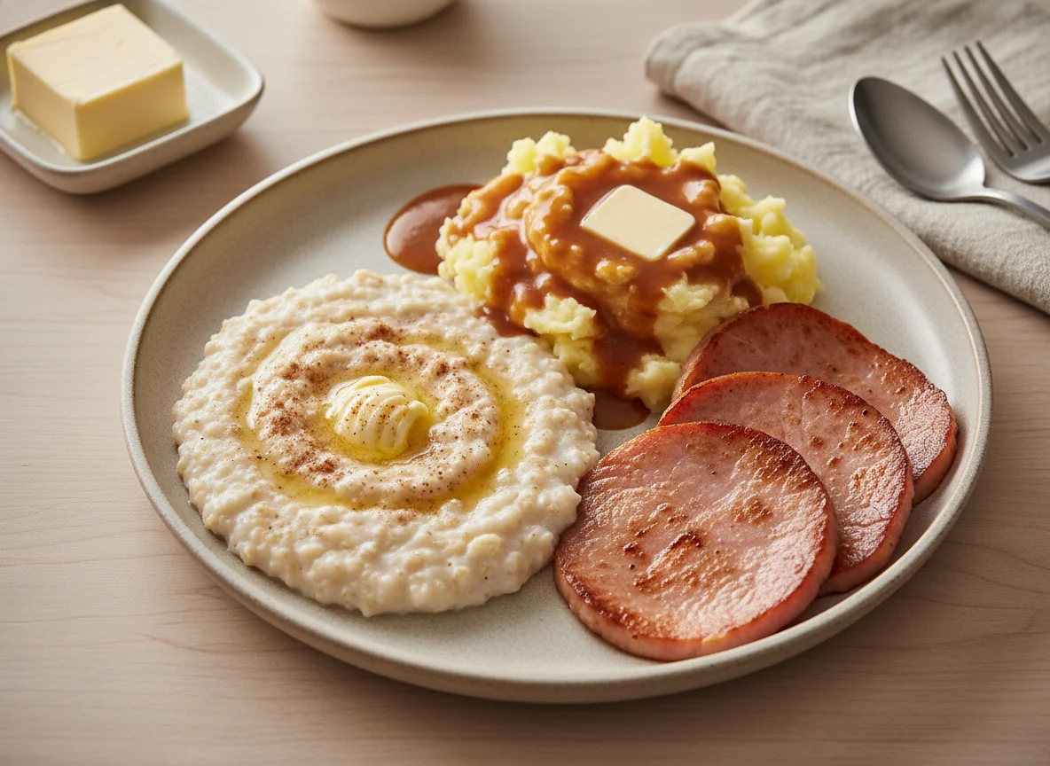 Breakfast plate with porridge, mashed potatoes, ham, and butter photo