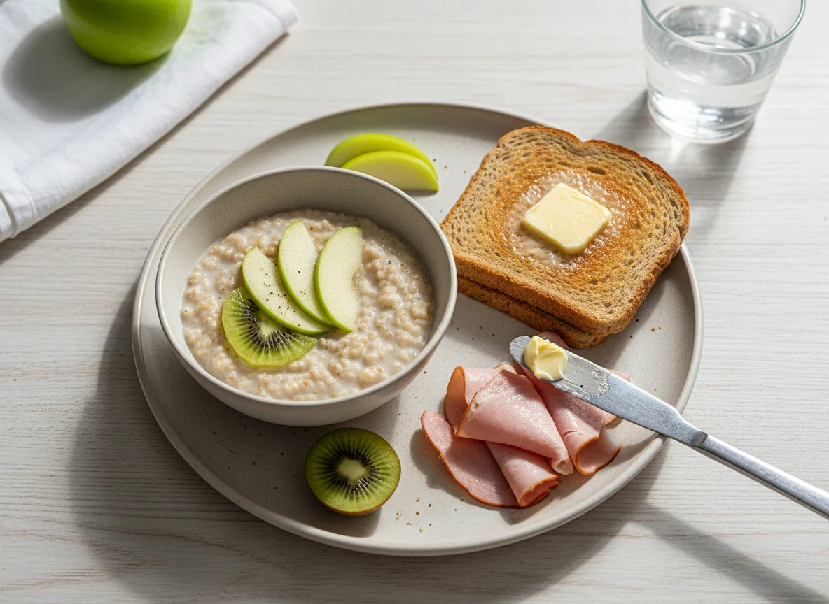 Breakfast plate with porridge, toast, ham, butter, and fruit photo