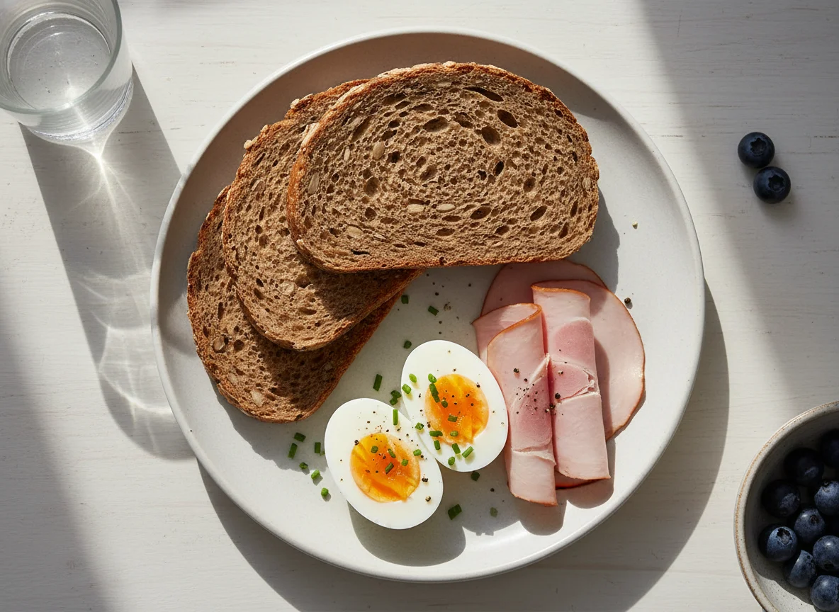 Breakfast plate with protein bread, egg, and turkey ham photo
