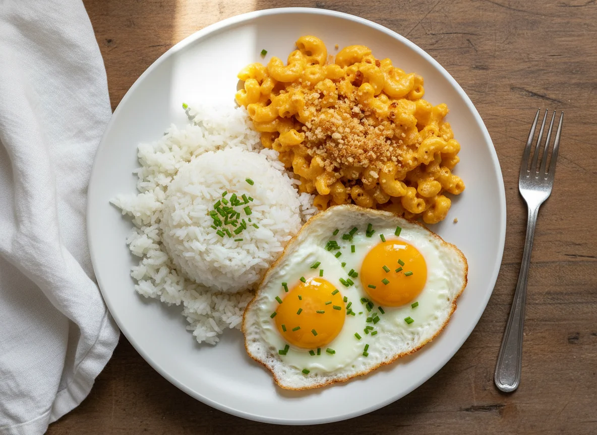 Breakfast Plate with Rice, Macaroni and Cheese, and Fried Eggs photo