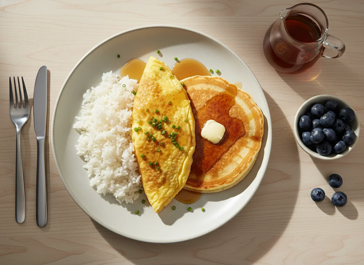 Breakfast Plate with Rice, Pancake, and Omelette photo