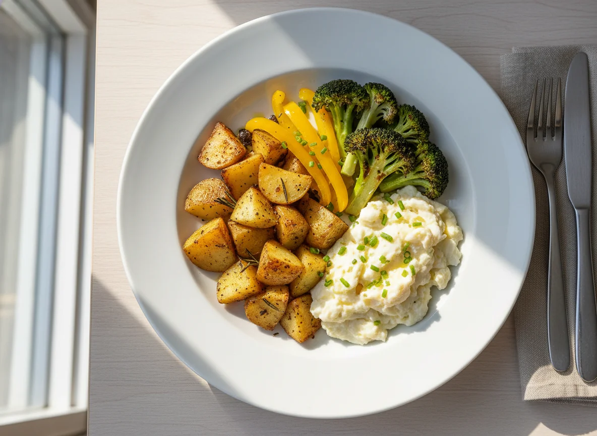 Breakfast Plate with Roasted Potatoes, Egg Whites, Broccoli, and Bell Peppers photo