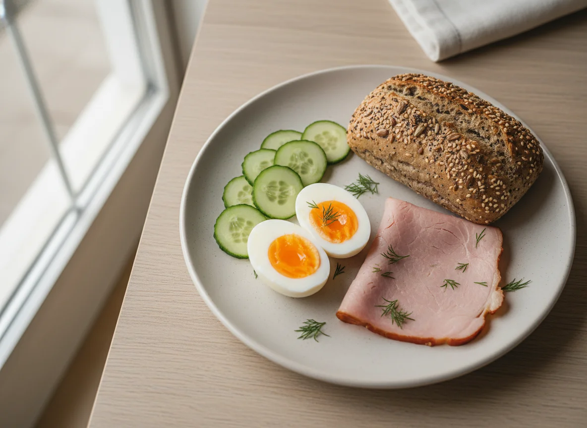 Breakfast plate with roll, egg, ham and cucumber photo
