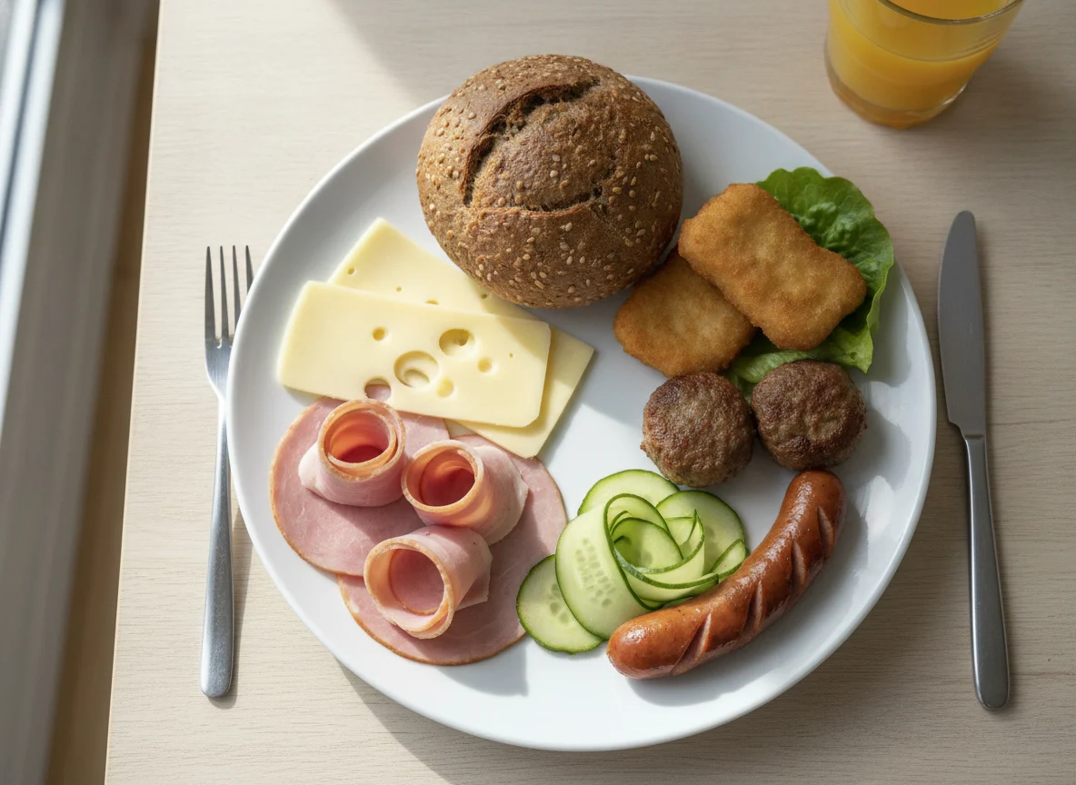 Breakfast plate with rye bread, cold cuts, and snacks photo