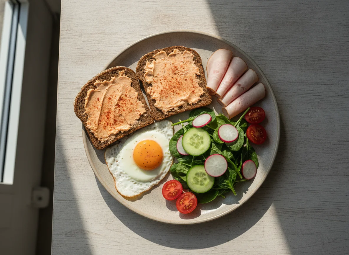 Breakfast plate with rye bread, egg, and ham photo