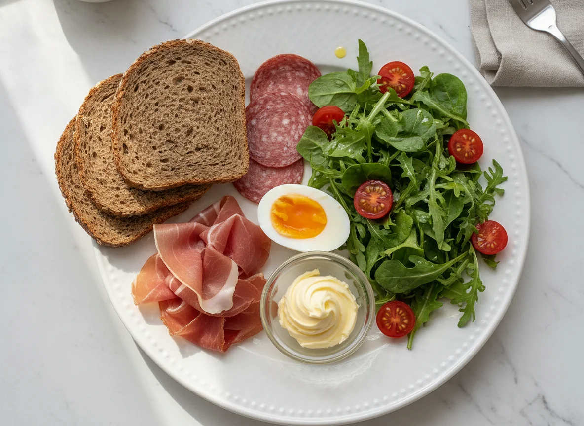 Breakfast plate with rye bread, ham, salami, egg and salad photo