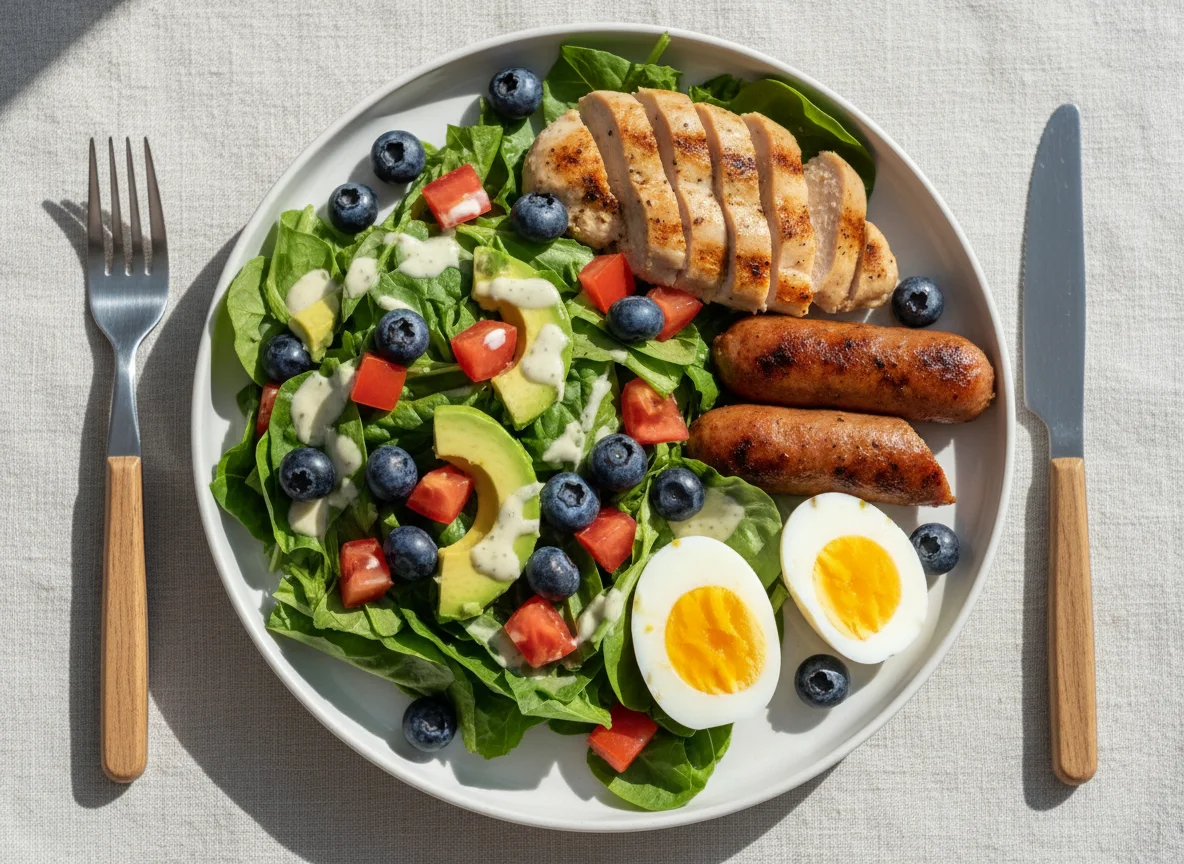 Breakfast Plate with Salad and Sausage photo
