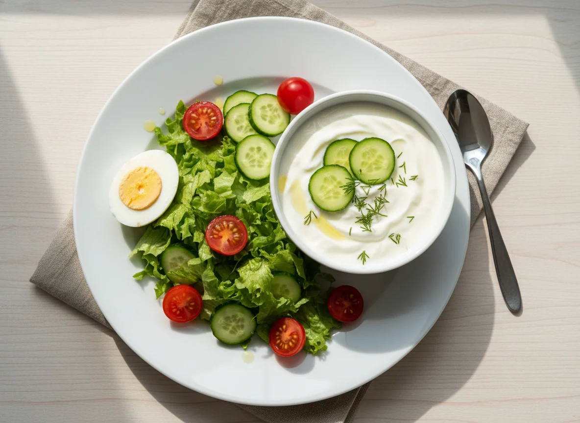 Breakfast plate with salad, egg, and yogurt photo