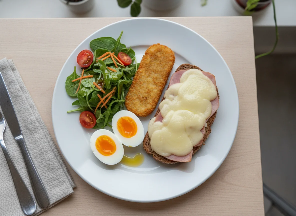 Breakfast plate with salad, egg, hash brown and open-faced sandwich photo
