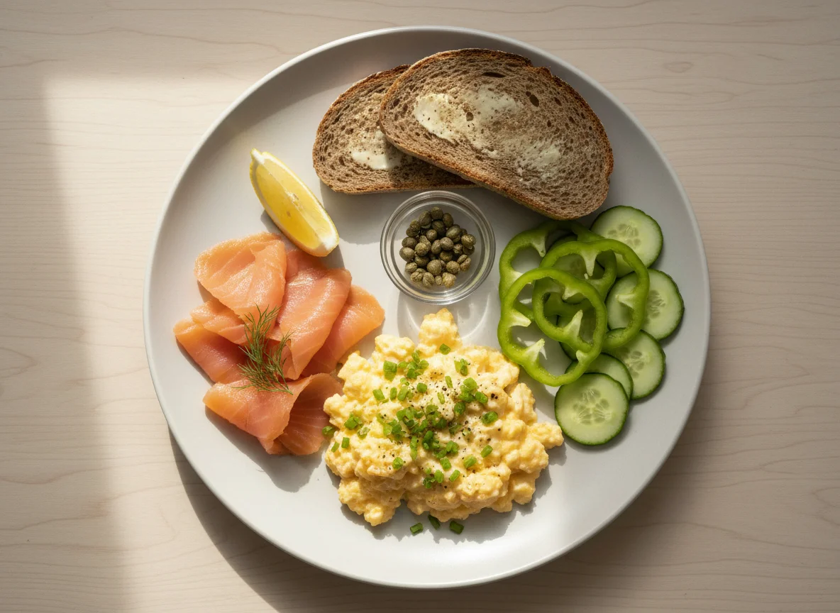 Breakfast plate with salmon, eggs, and vegetables photo