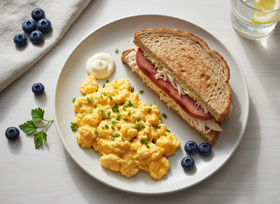 Breakfast Plate with Sandwich and Scrambled Eggs photo
