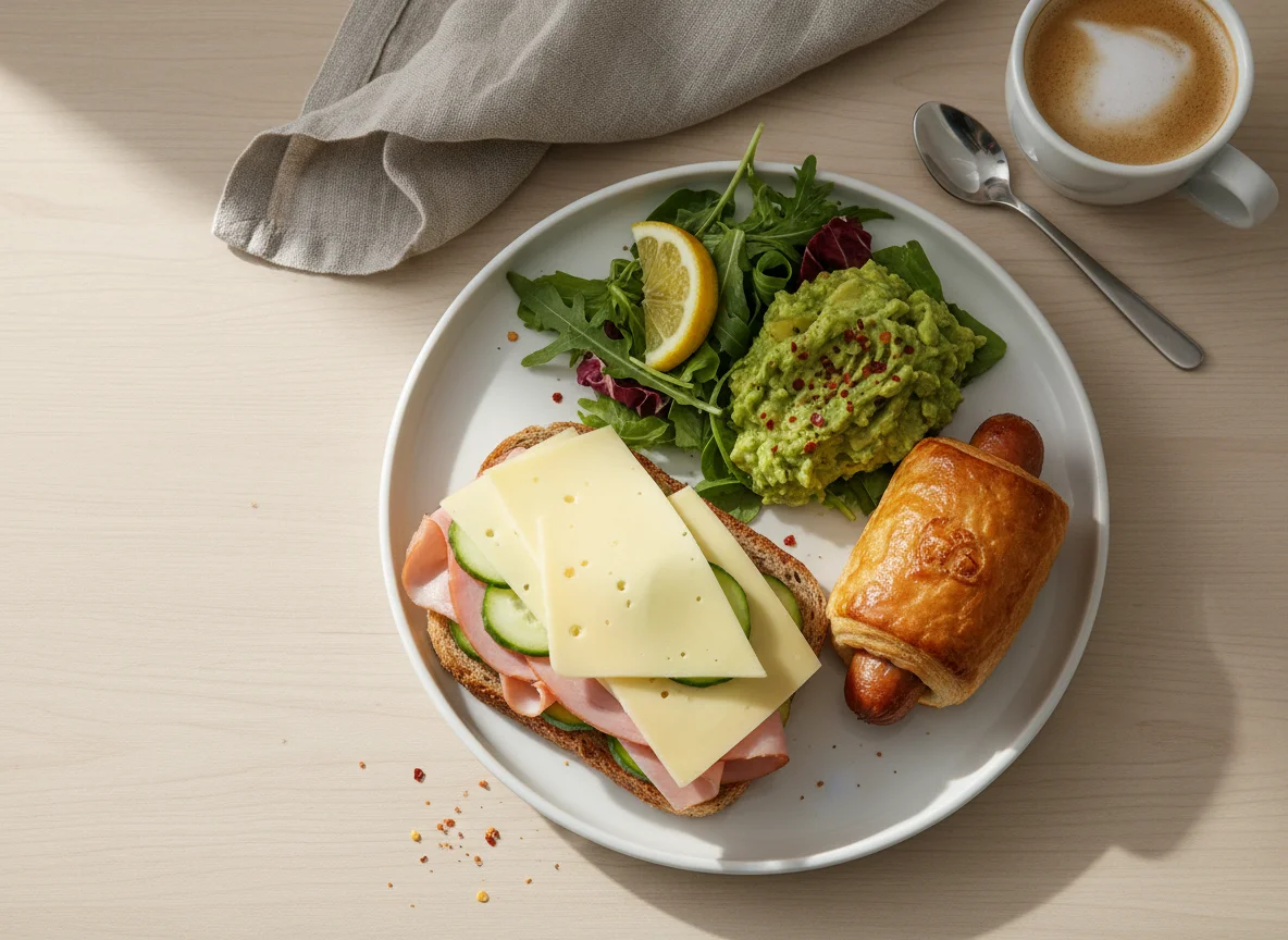 Breakfast plate with sandwich, avocado, sausage, and coffee photo