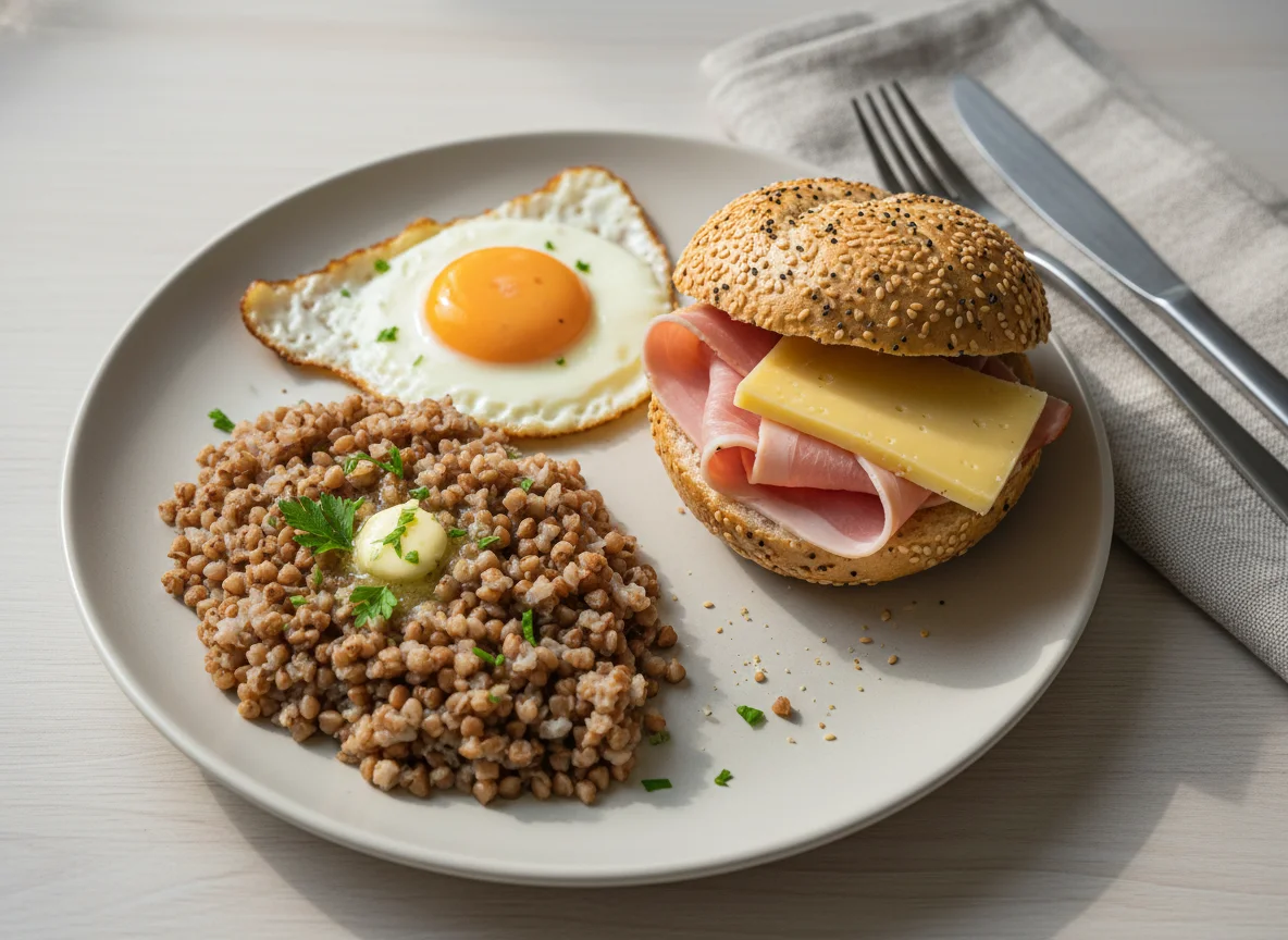 Breakfast plate with sandwich, buckwheat, and fried egg photo