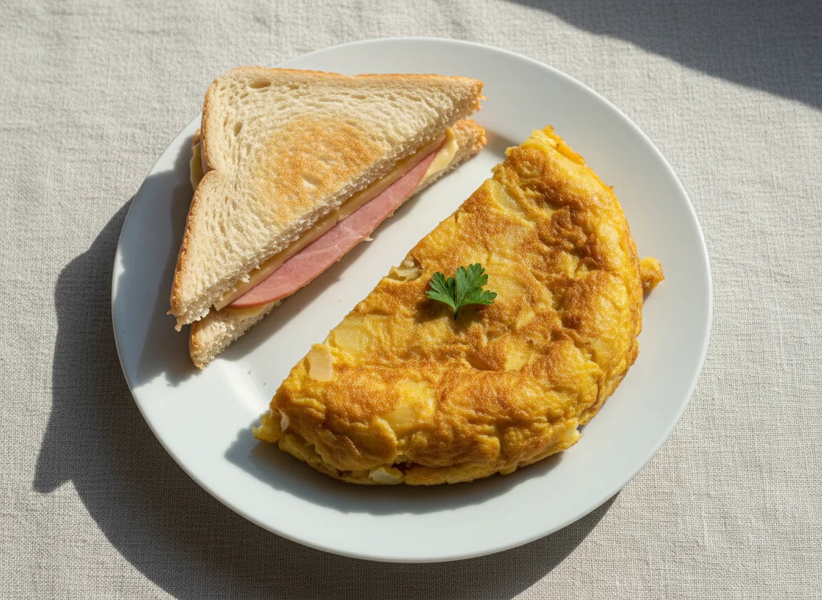 Breakfast plate with sandwich, ham and potato omelette photo