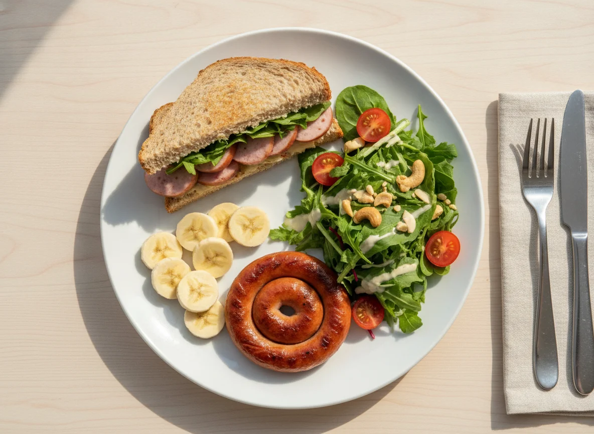 Breakfast plate with sandwich, sausage, salad and banana photo