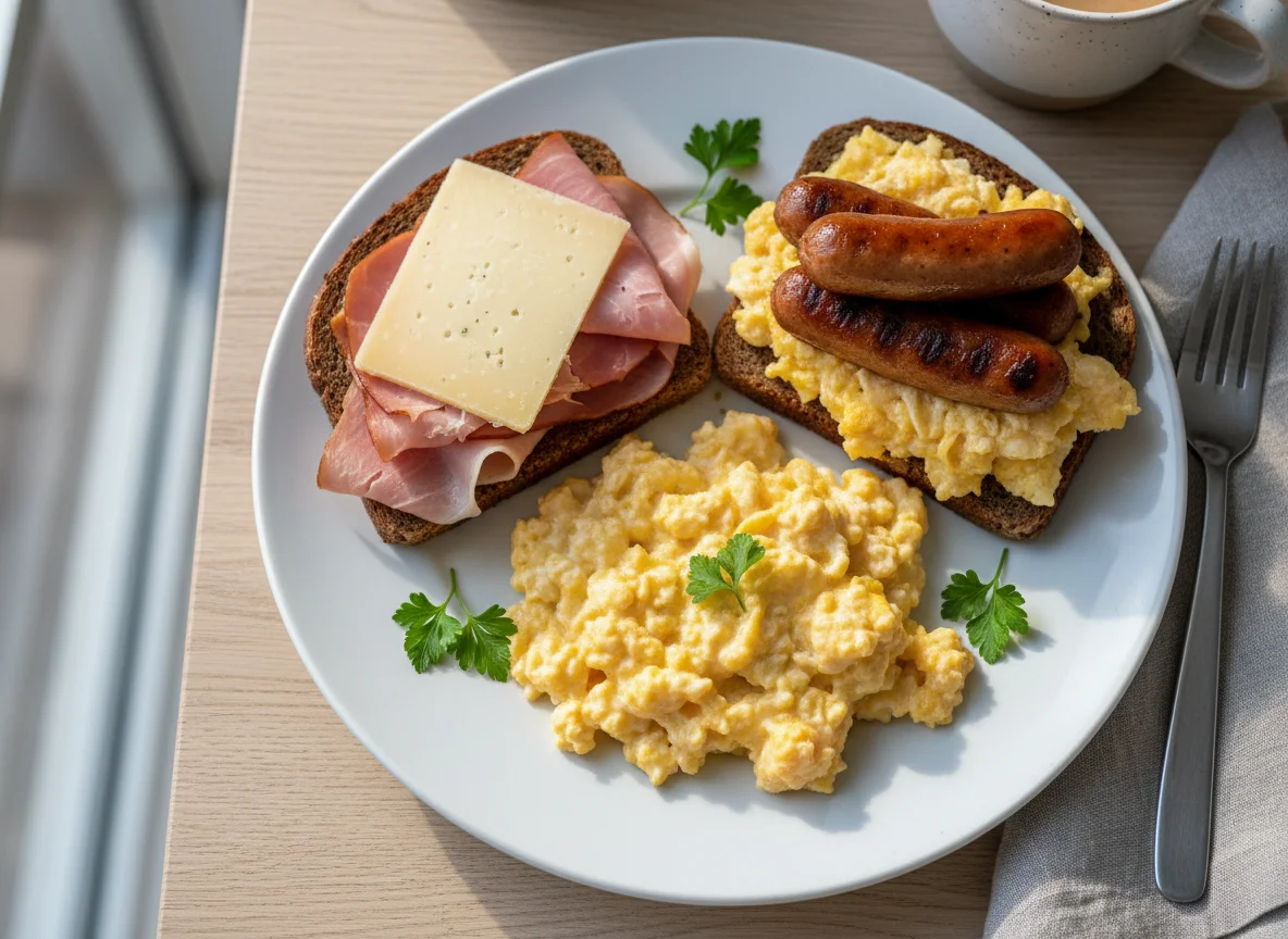 Breakfast plate with sandwiches and scrambled eggs photo