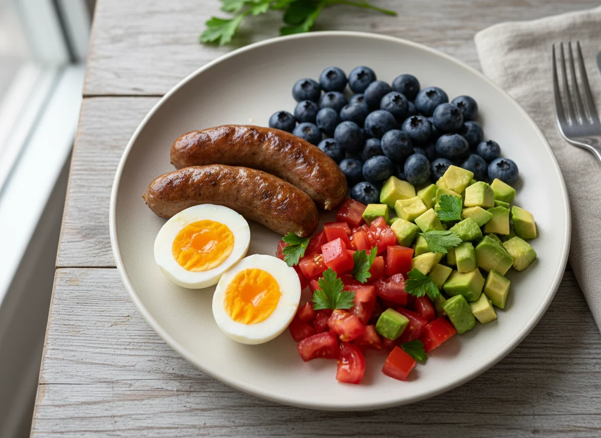 Breakfast Plate with Sausage, Egg, and Berries photo