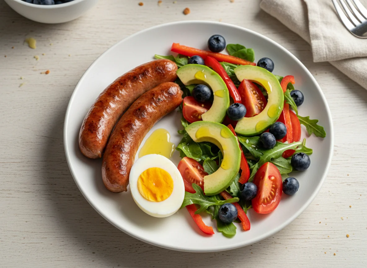 Breakfast Plate with Sausage, Egg, and Salad photo