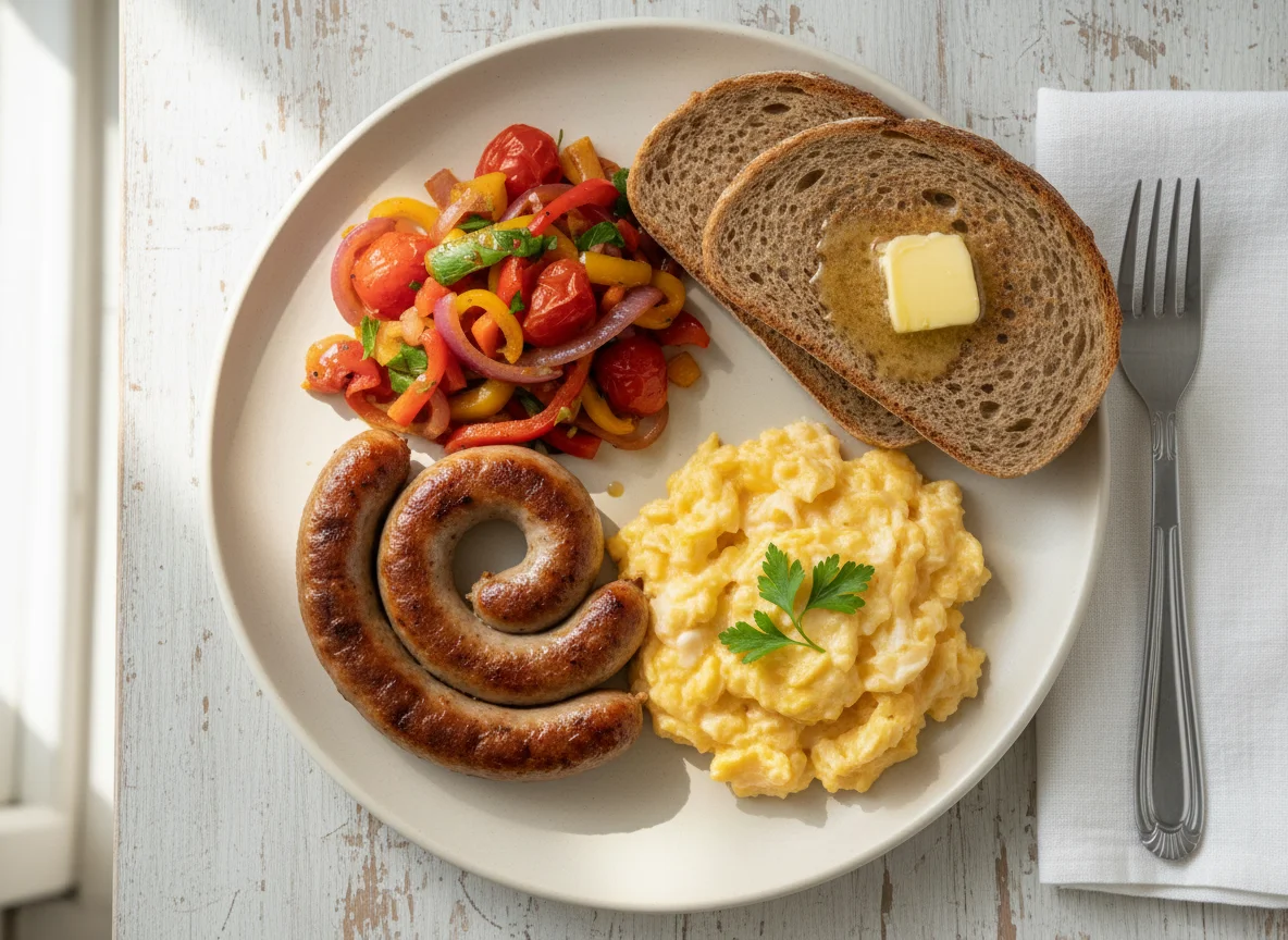 Breakfast plate with sausage, scrambled eggs, vegetables, and toast photo