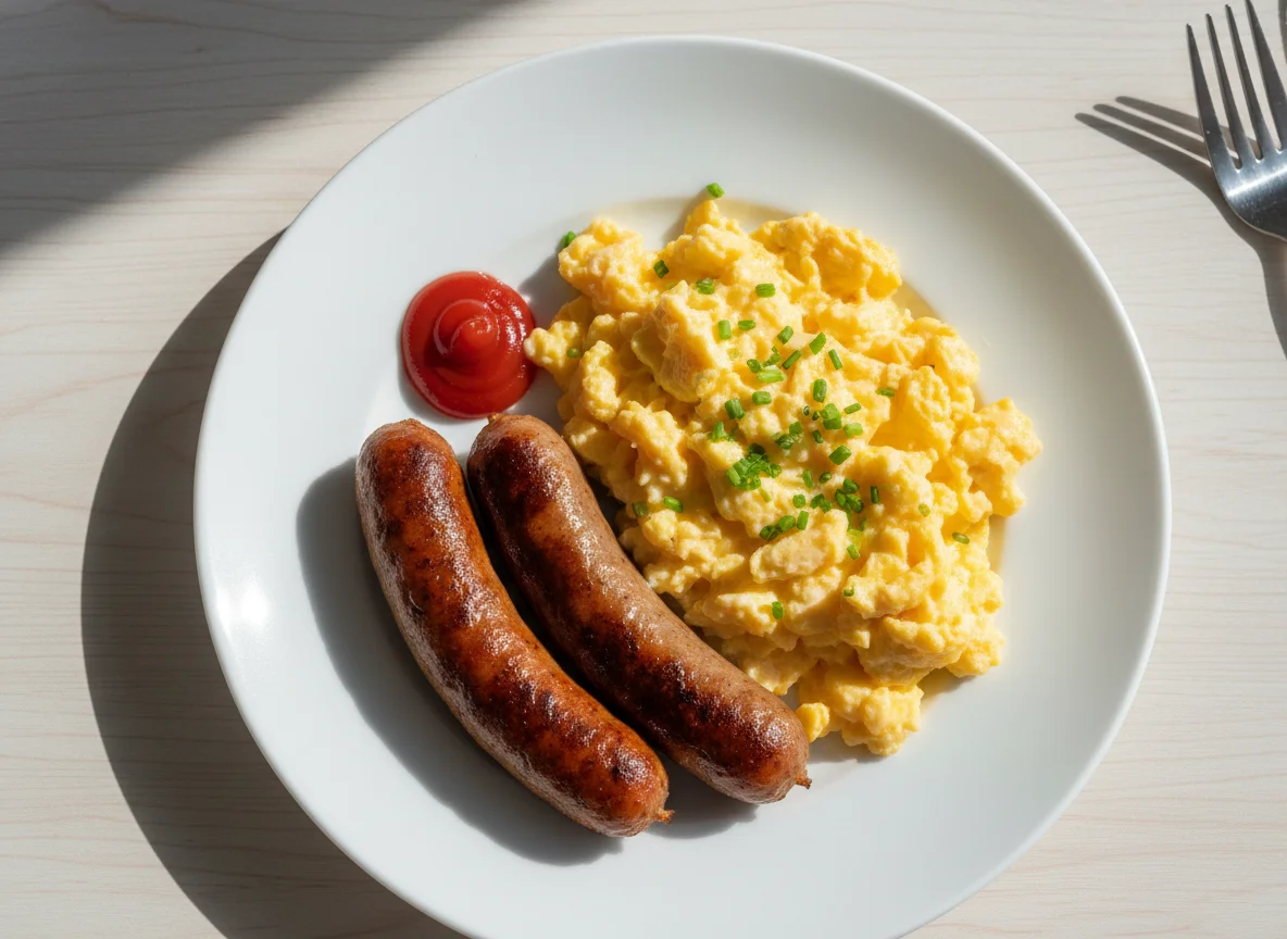 Breakfast Plate with Sausages and Scrambled Eggs photo