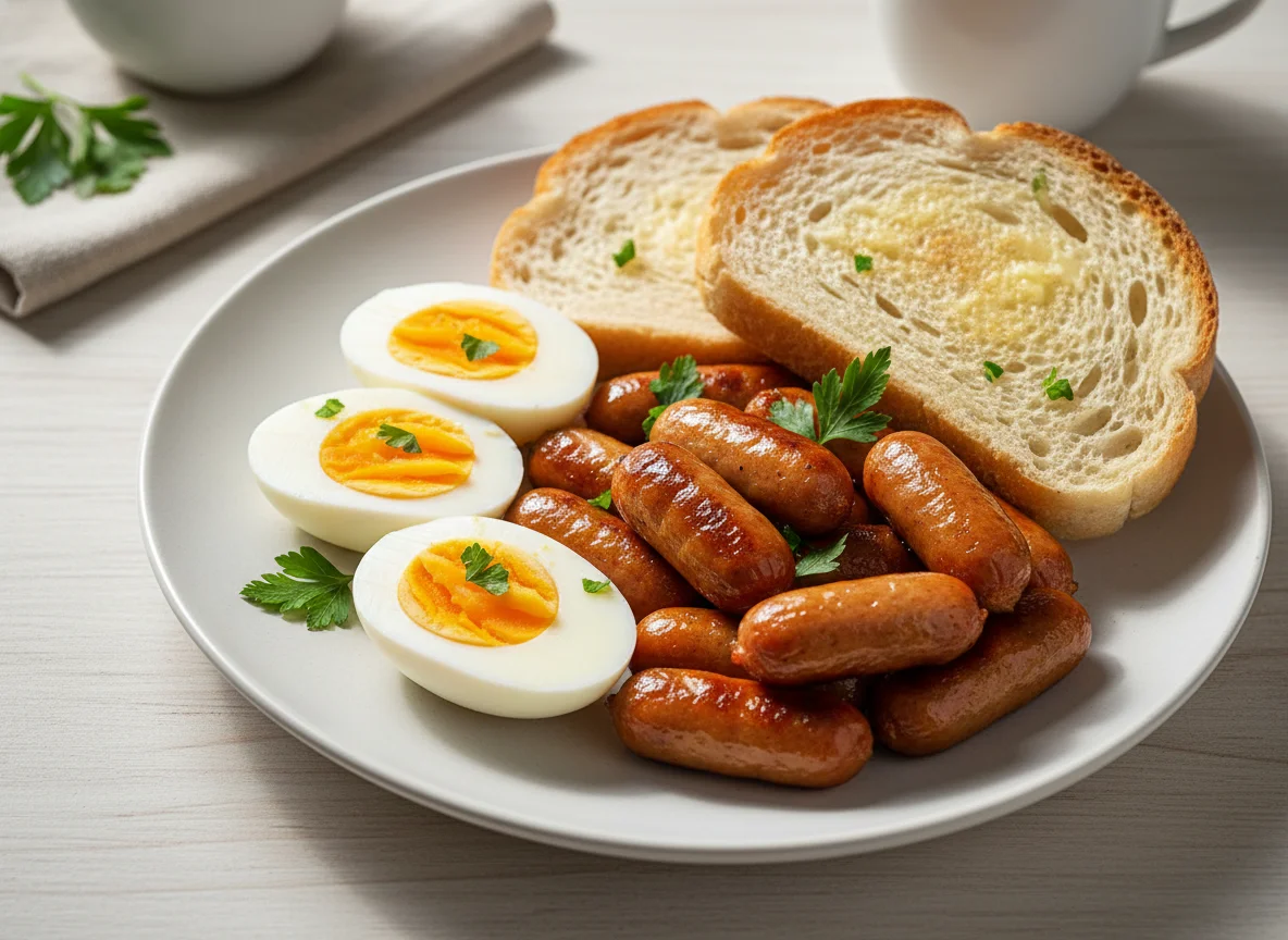 Breakfast Plate with Sausages, Eggs, and Bread photo