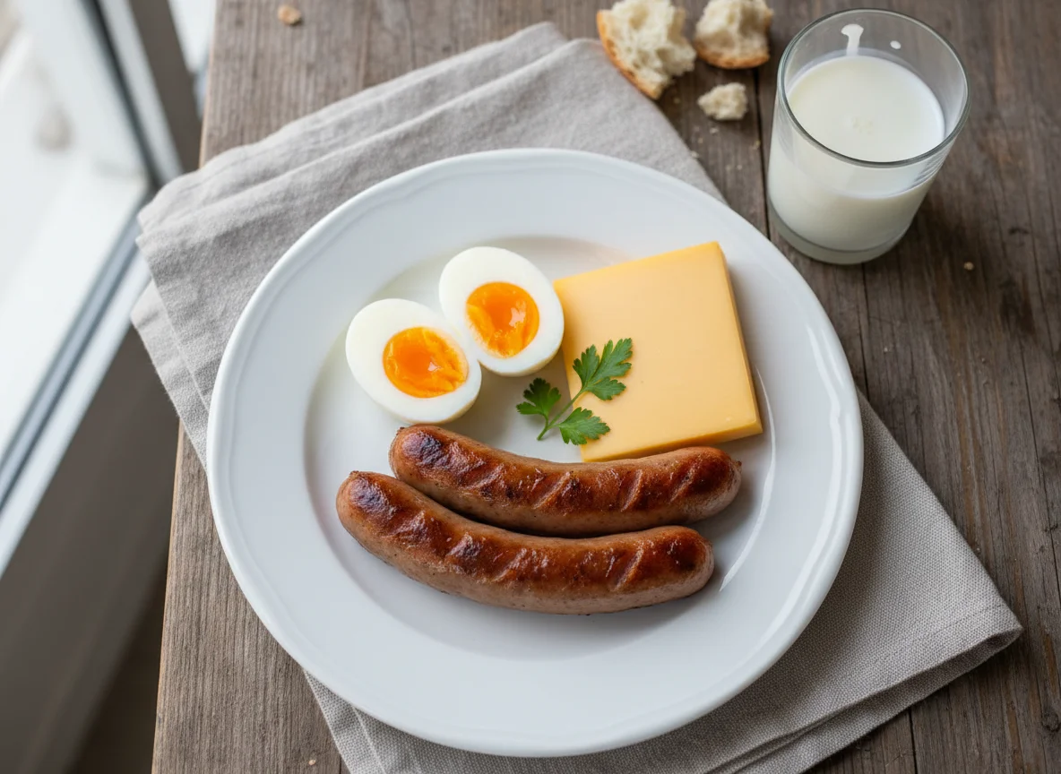 Breakfast plate with sausages, eggs, cheese, and milk photo