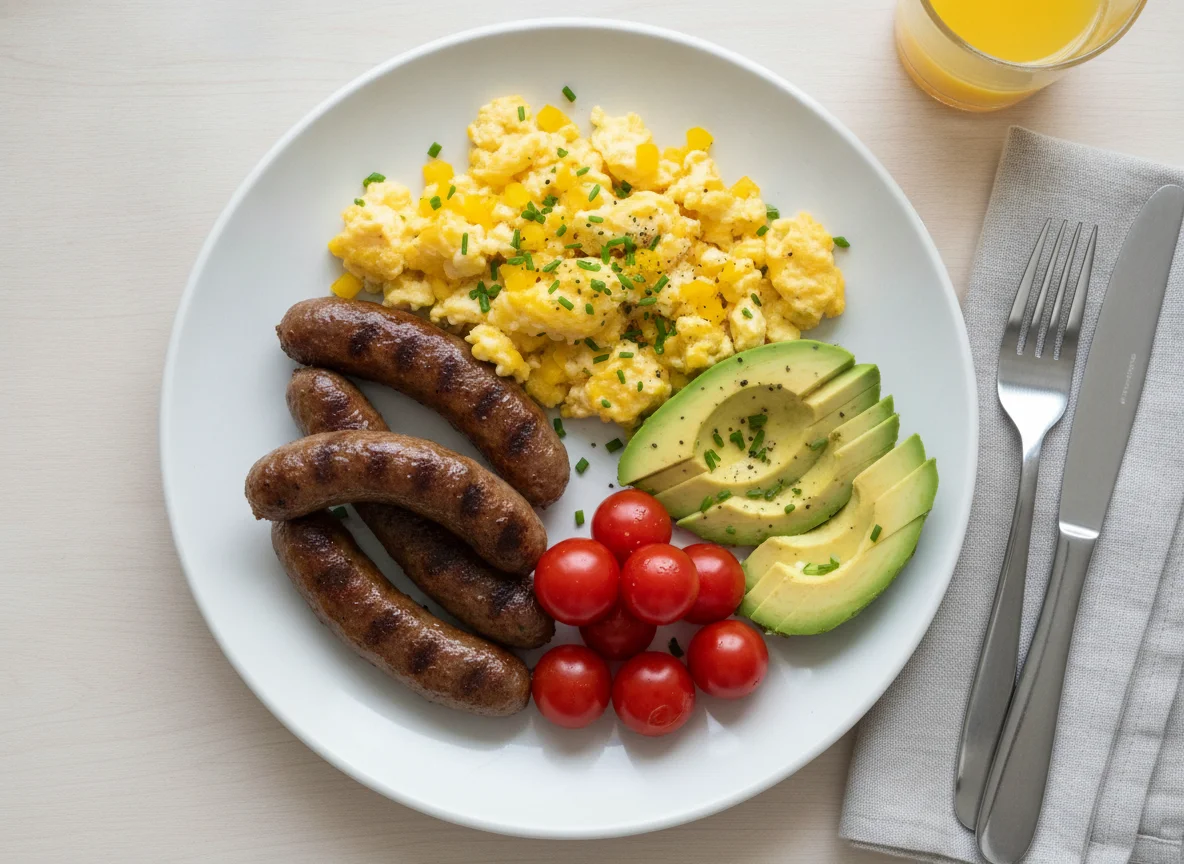 Breakfast plate with sausages, scrambled eggs, and vegetables photo
