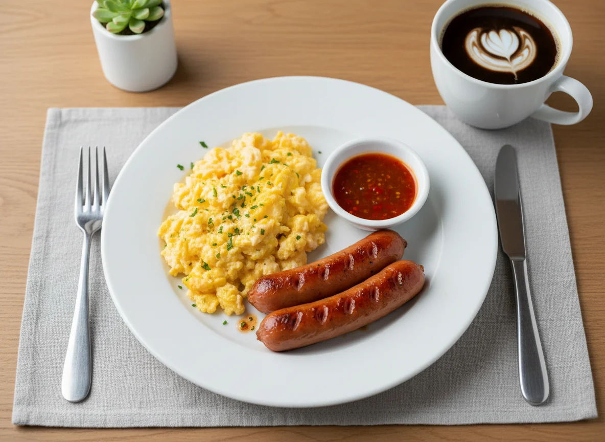 Breakfast plate with sausages, scrambled eggs, sauce, and coffee photo