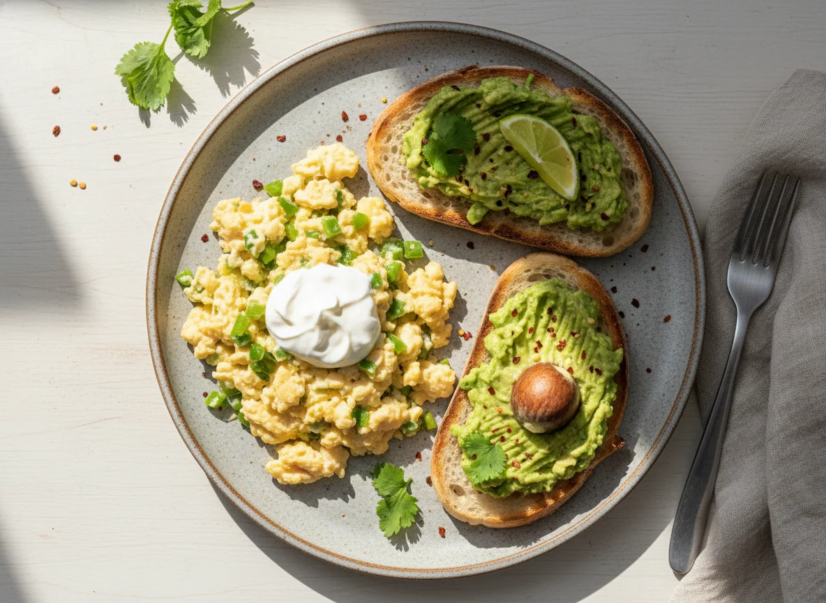 Breakfast plate with scrambled eggs and avocado toast photo