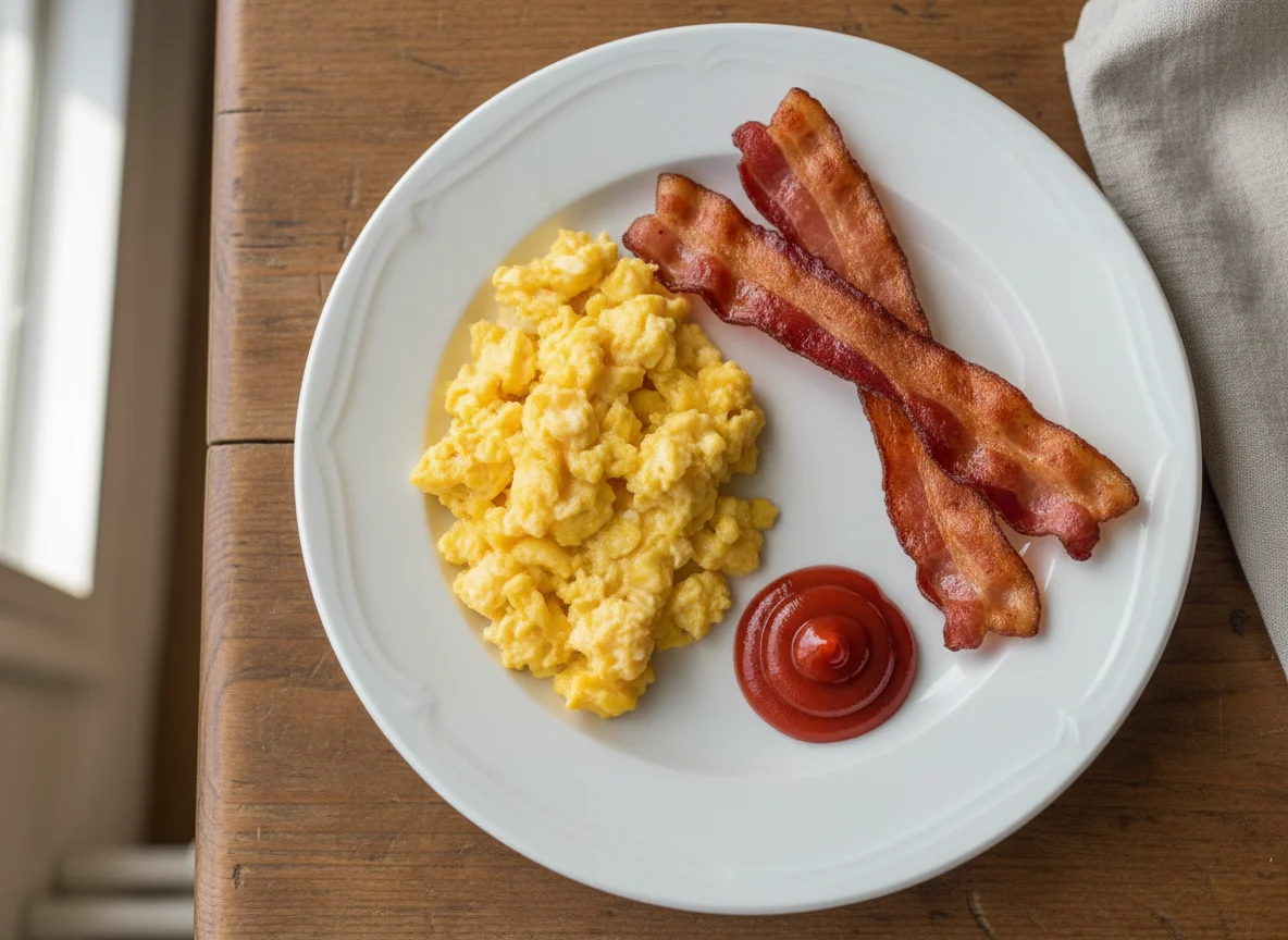 Breakfast Plate with Scrambled Eggs and Bacon photo