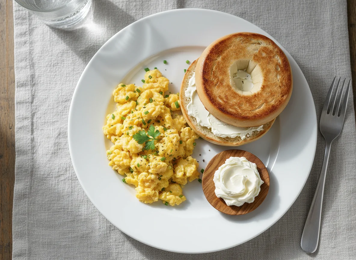 Breakfast Plate with Scrambled Eggs and Bagel photo