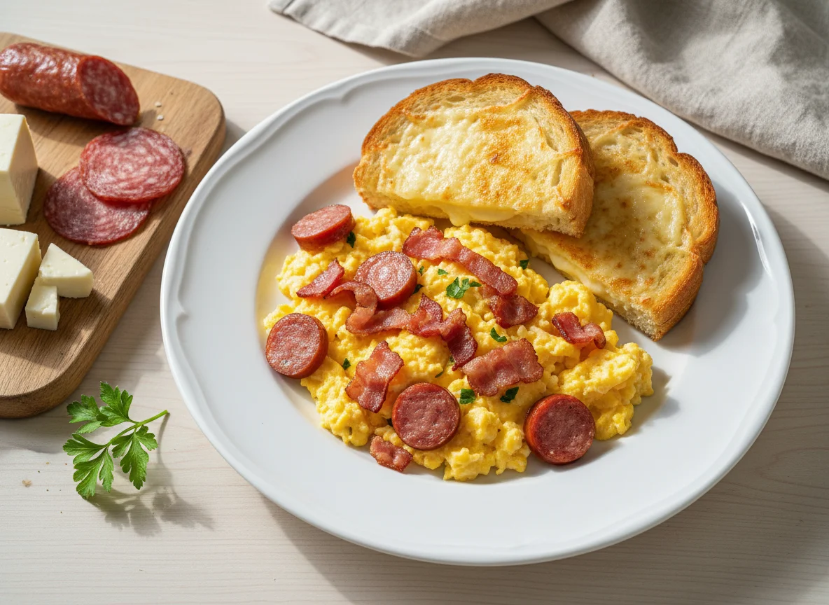 Breakfast plate with scrambled eggs and cheese bread photo
