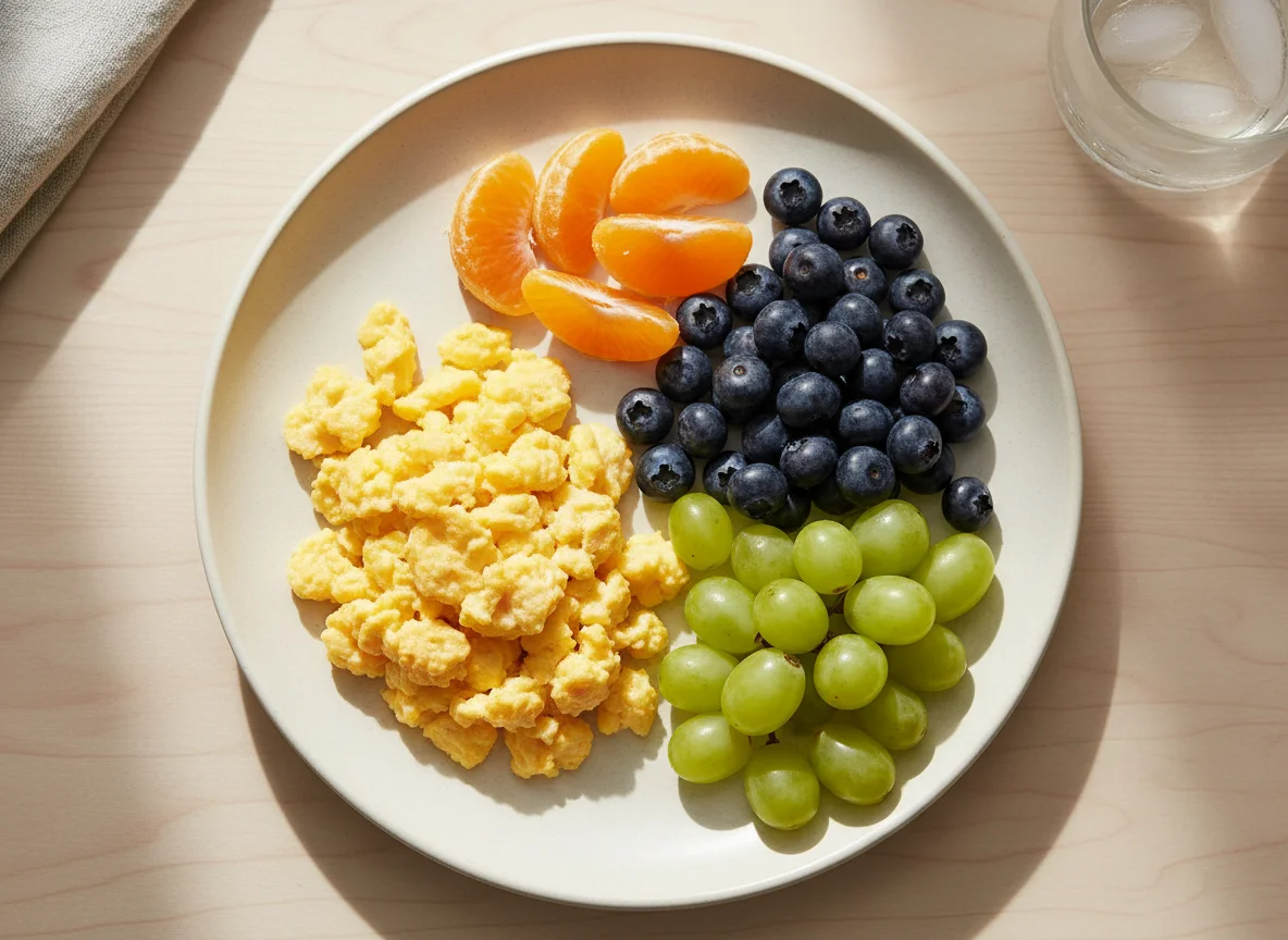 Breakfast Plate with Scrambled Eggs and Fruit photo