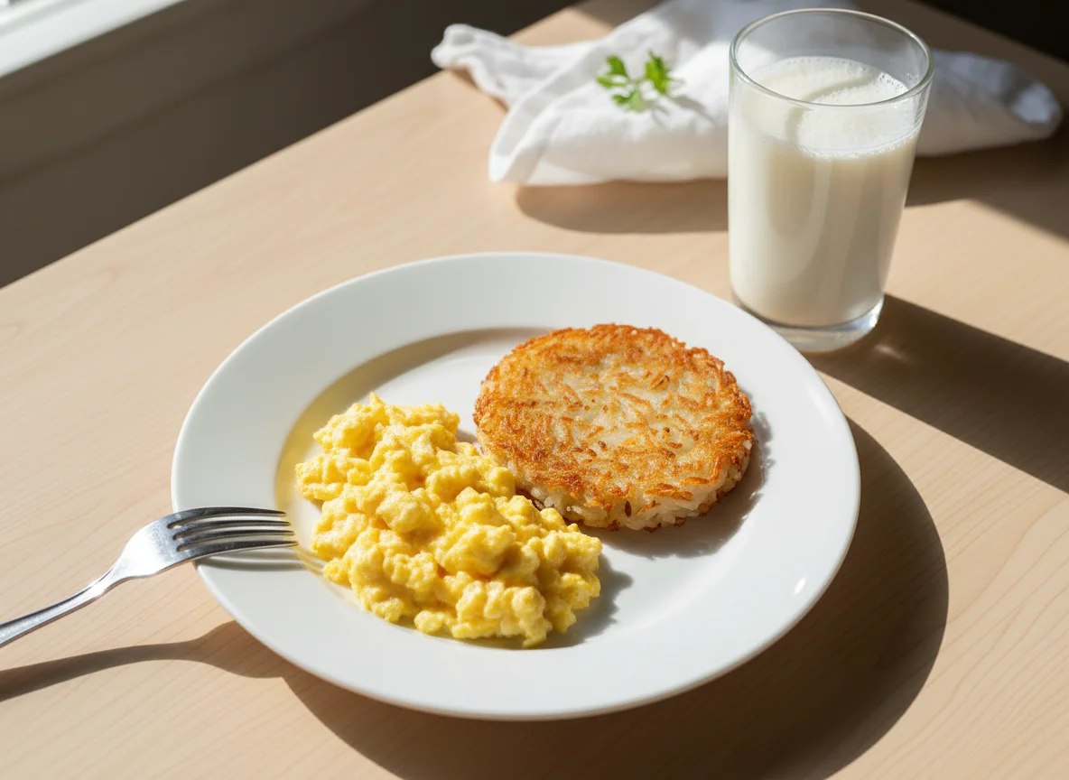 Breakfast Plate with Scrambled Eggs and Hash Browns photo