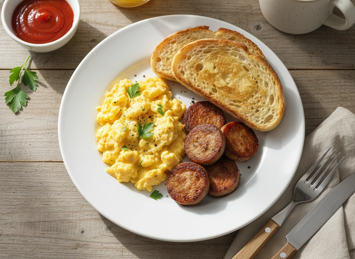 Breakfast Plate with Scrambled Eggs and Sausage photo