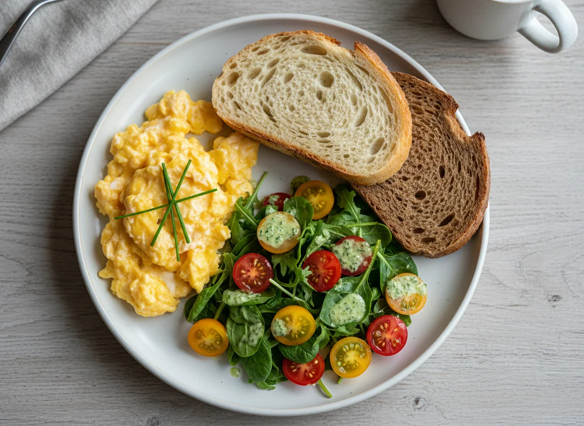 Breakfast Plate with Scrambled Eggs and Sourdough photo