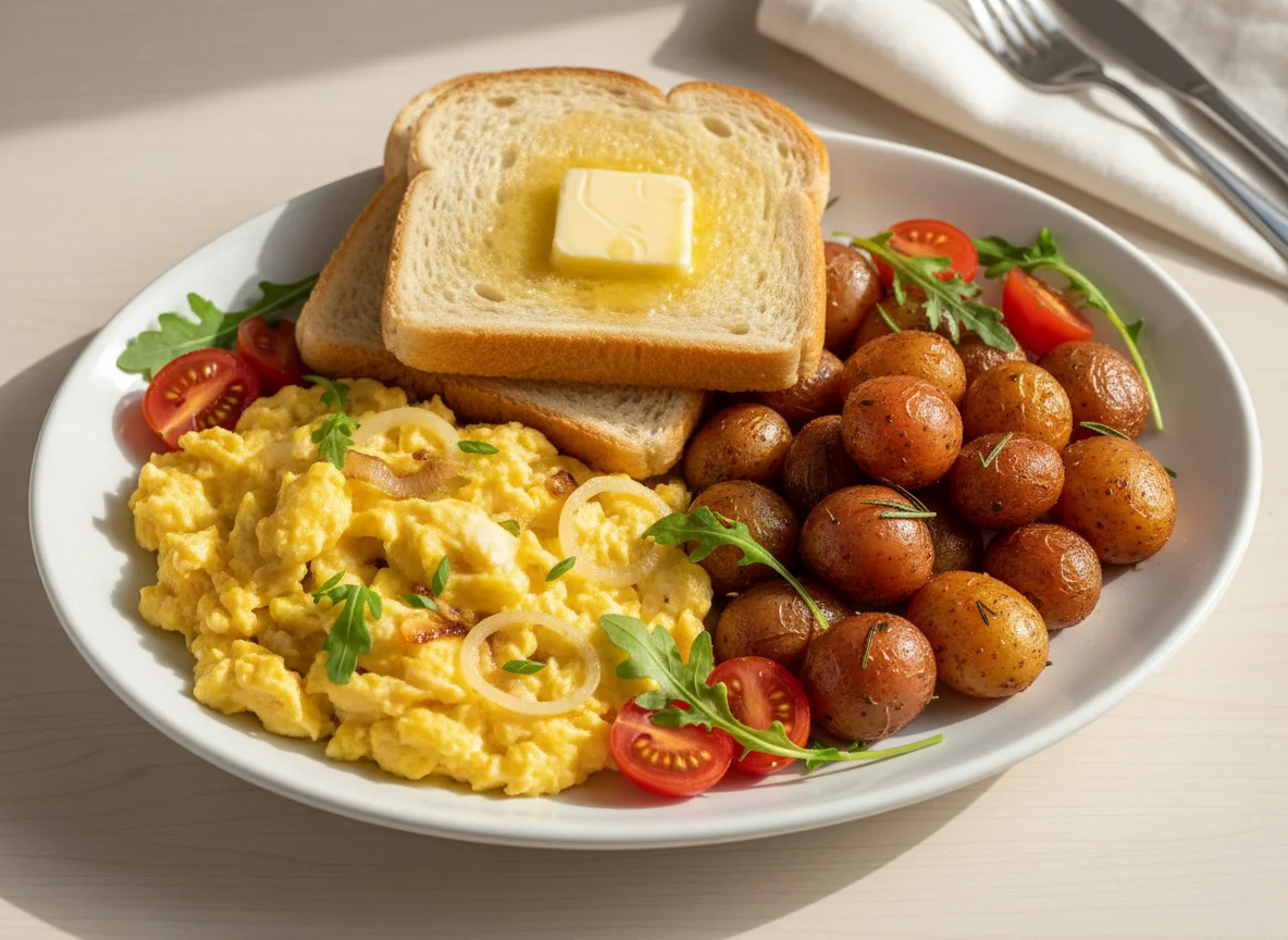 Breakfast Plate with Scrambled Eggs and Toast photo