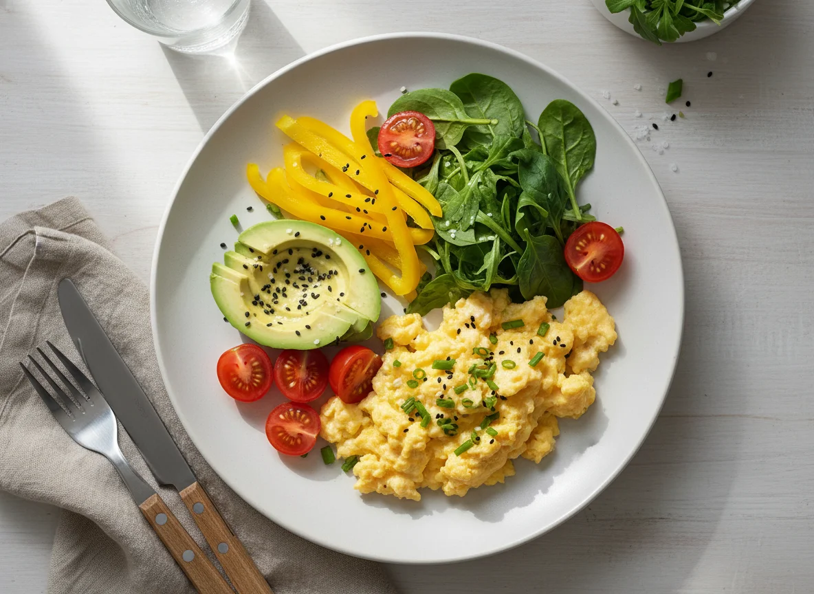 Breakfast Plate with Scrambled Eggs and Vegetables photo