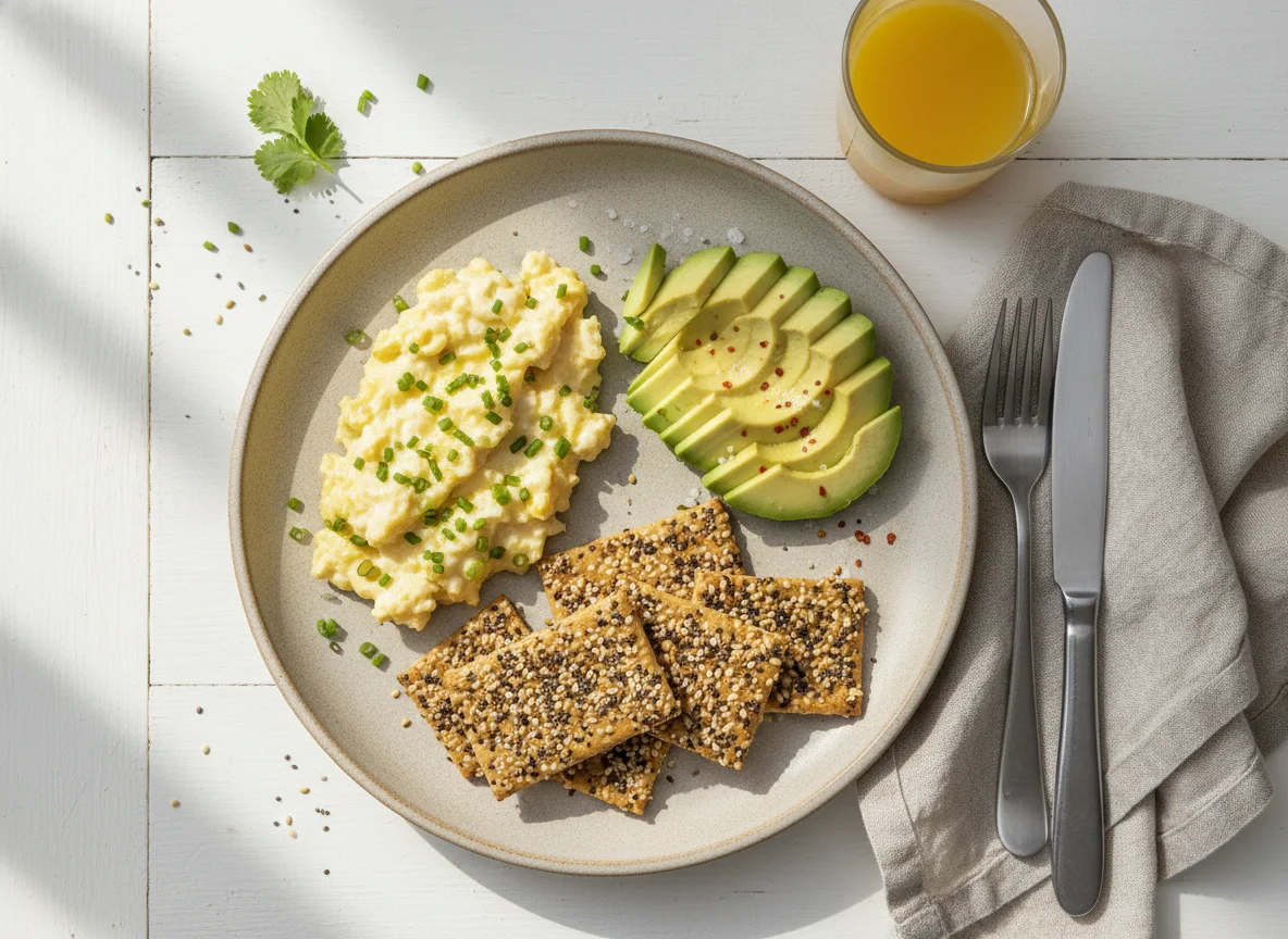 Breakfast Plate with Scrambled Eggs, Avocado, and Crackers photo