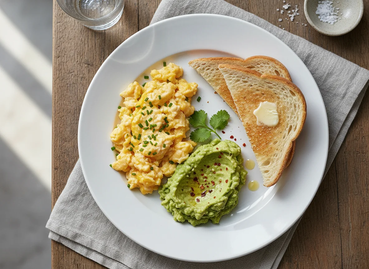 Breakfast Plate with Scrambled Eggs, Avocado, and Toast photo