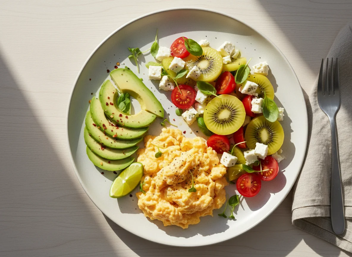 Breakfast Plate with Scrambled Eggs, Avocado, Kiwi, and Tomato Feta Salad photo