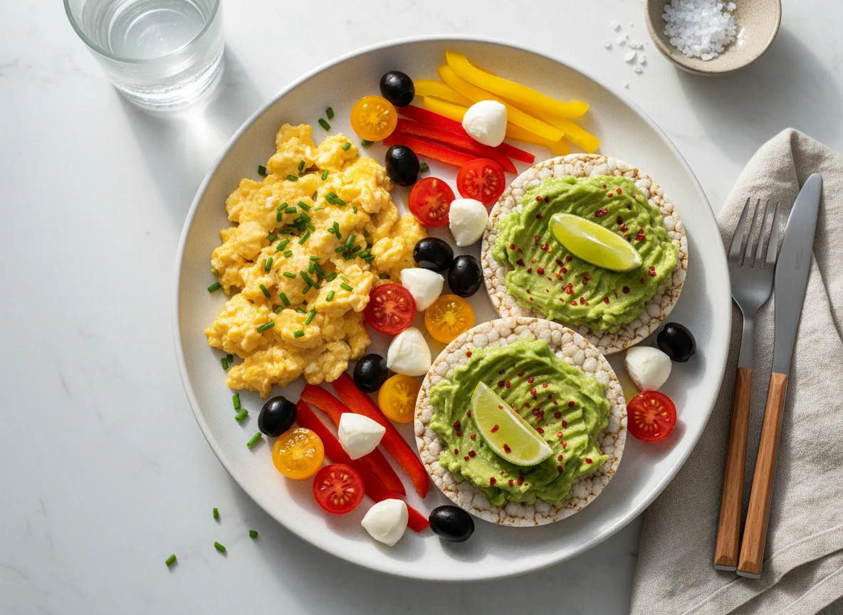 Breakfast plate with scrambled eggs, avocado toast, and vegetables photo