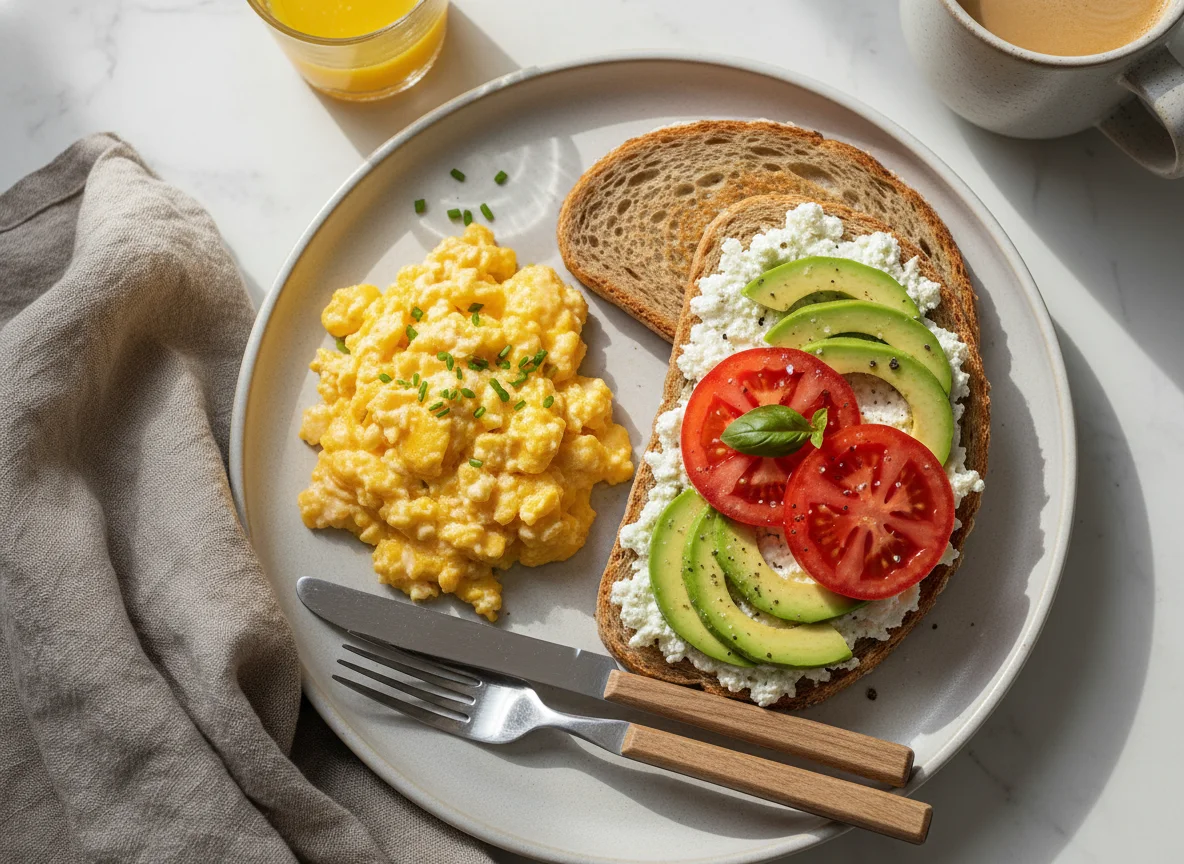 Breakfast Plate with Scrambled Eggs, Avocado, Tomato, and Cheese Toast photo